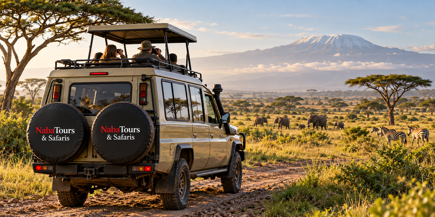 NabaTours branded safari Land Cruiser in a savannah landscape