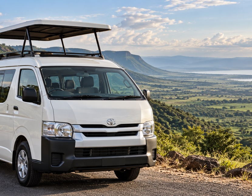 Safari van overlooking green hills and a lake