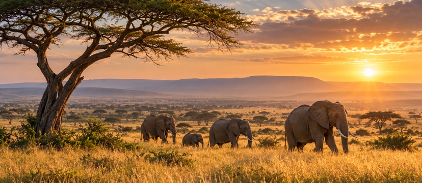 Elephants and acacia trees at sunset on the savannah